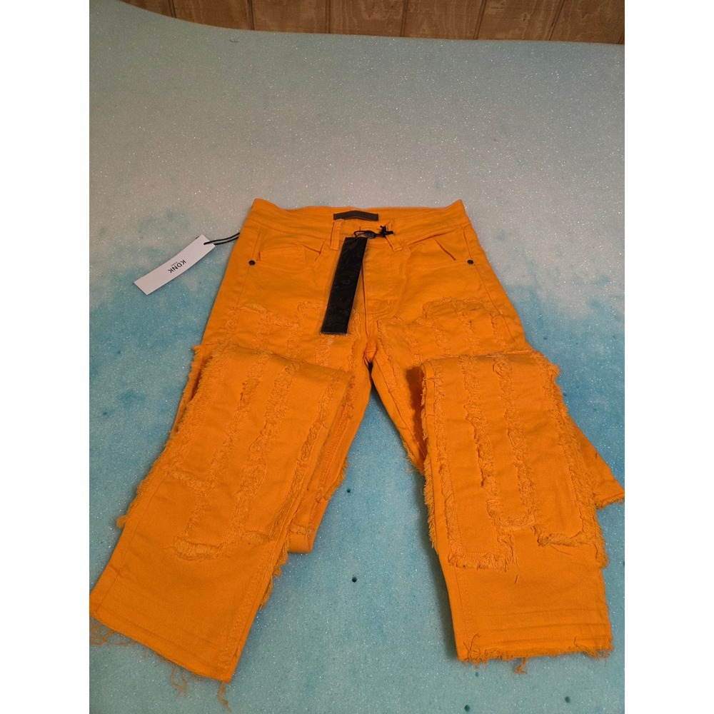 KDNK Stacked Distressed Jeans Orange Slim Fit Frayed Patch KNB3338 Womens 28 - Picture 4 of 4